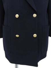 Navy double-breasted jacket with logo emblem patch