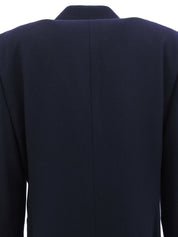 Navy double-breasted jacket with logo emblem patch