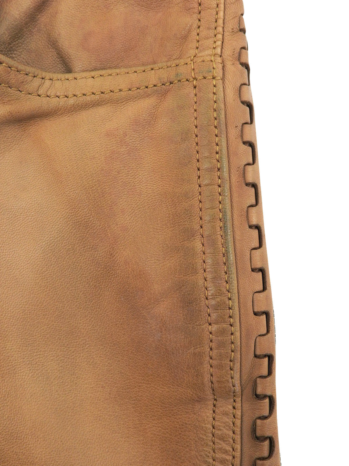 Leather Patchwork Logo Button Denim Pants in Indigo/Brown