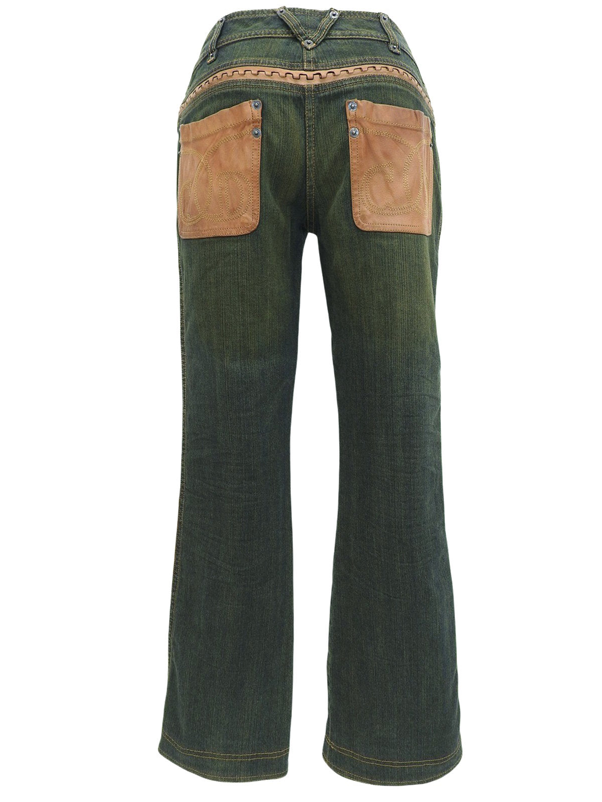 Leather Patchwork Logo Button Denim Pants in Indigo/Brown