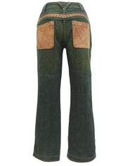 Leather Patchwork Logo Button Denim Pants in Indigo/Brown