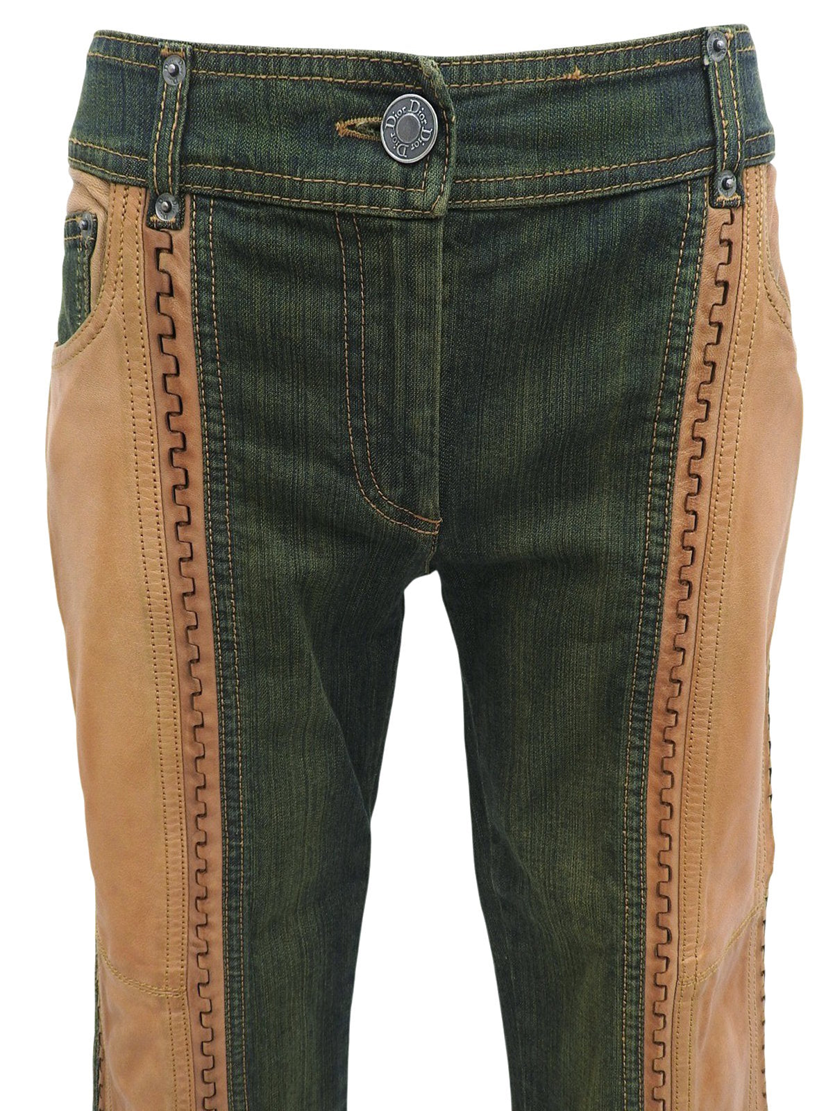 Leather Patchwork Logo Button Denim Pants in Indigo/Brown