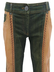 Leather Patchwork Logo Button Denim Pants in Indigo/Brown