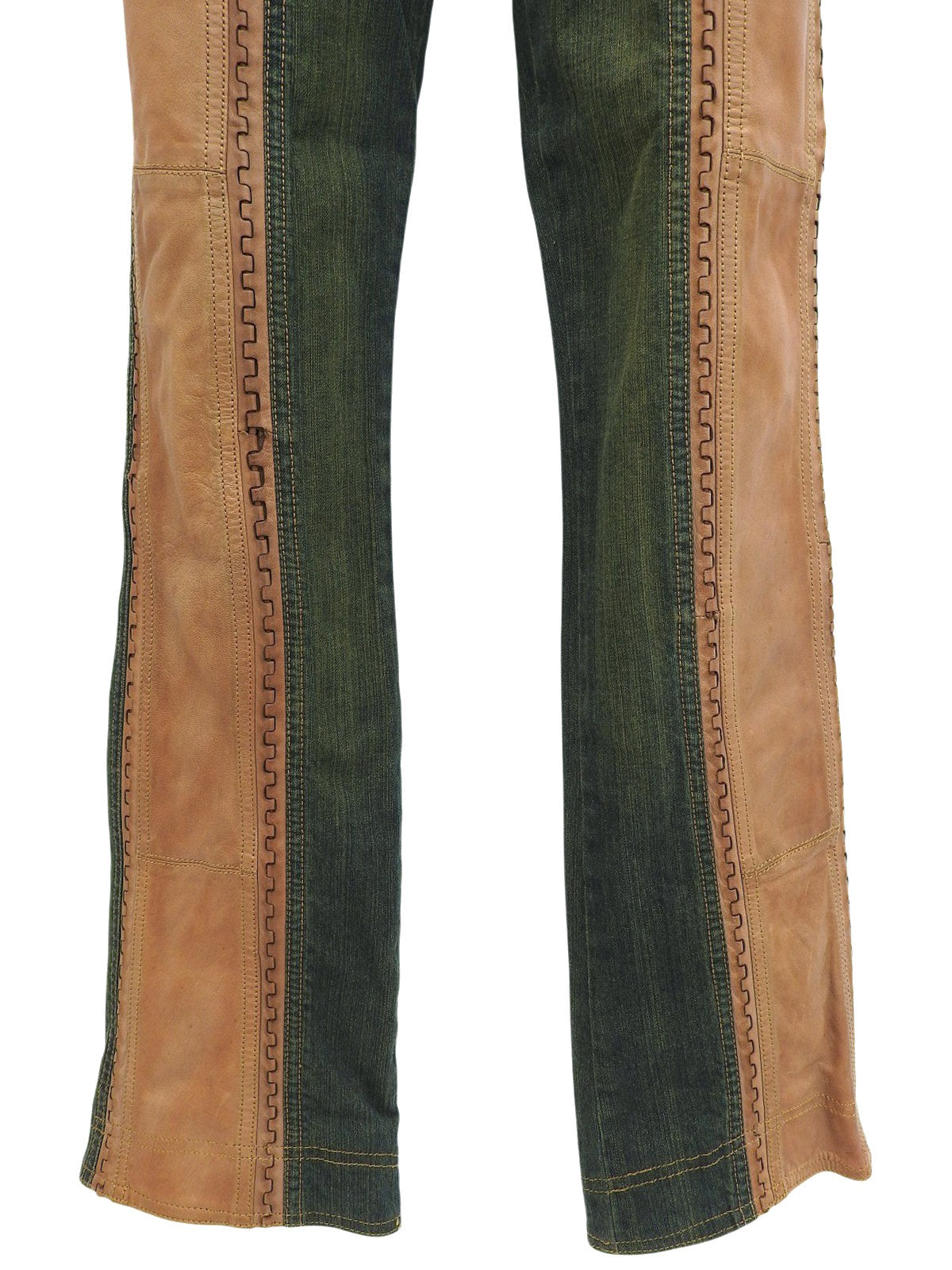 Leather Patchwork Logo Button Denim Pants in Indigo/Brown