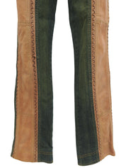Leather Patchwork Logo Button Denim Pants in Indigo/Brown