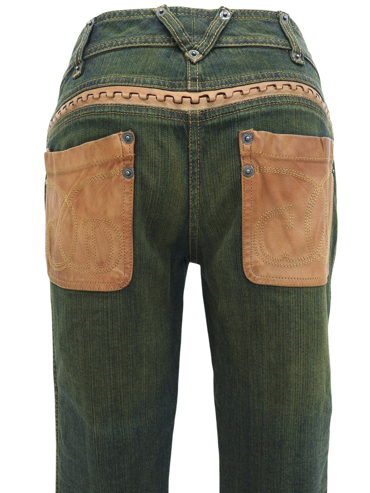 Leather Patchwork Logo Button Denim Pants in Indigo/Brown