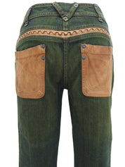 Leather Patchwork Logo Button Denim Pants in Indigo/Brown