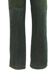 Leather Patchwork Logo Button Denim Pants in Indigo/Brown