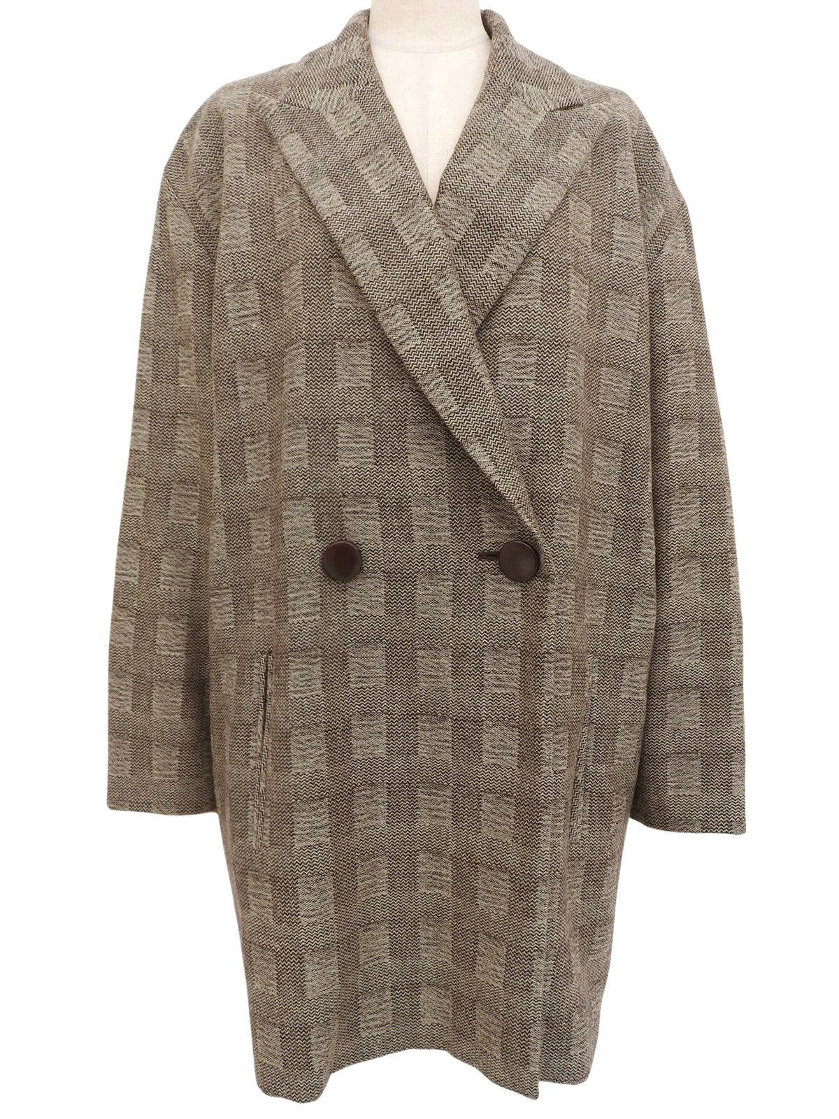 Wool herringbone pattern double-breasted coat in brown/beige
