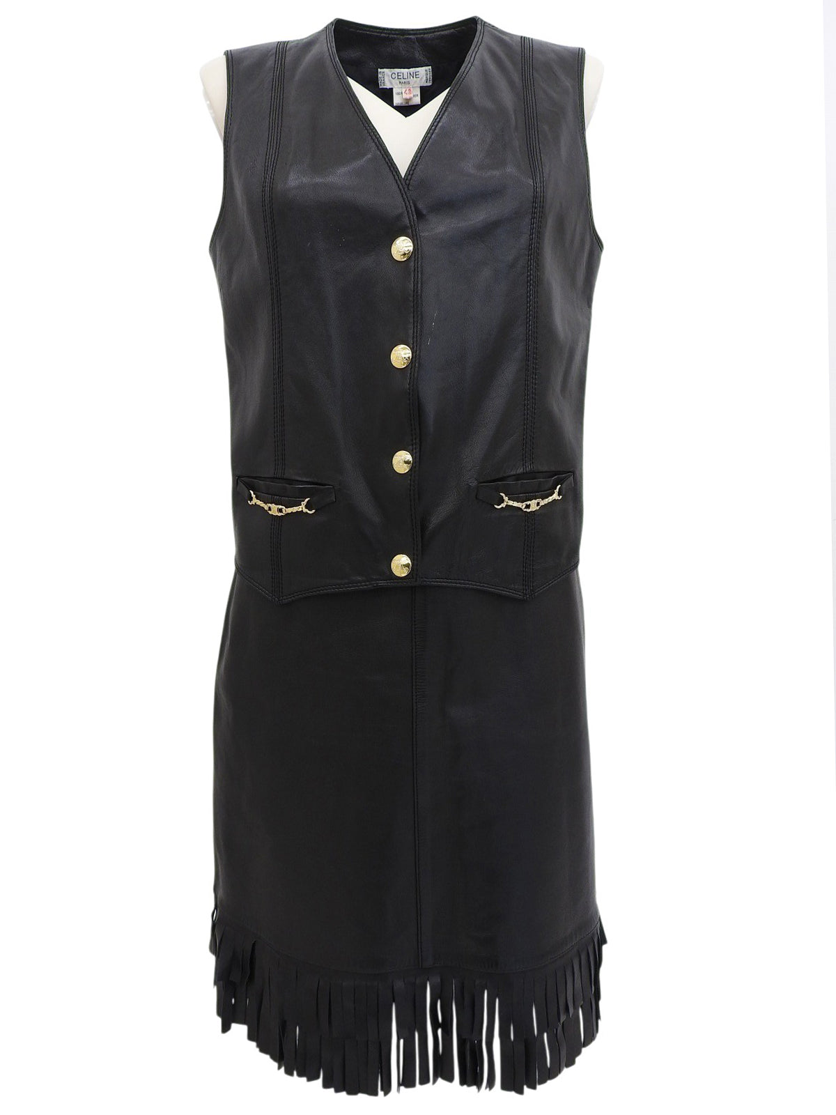 レザーマカダムボタンヘムフリンジセットアップ ブラック