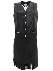 レザーマカダムボタンヘムフリンジセットアップ ブラック