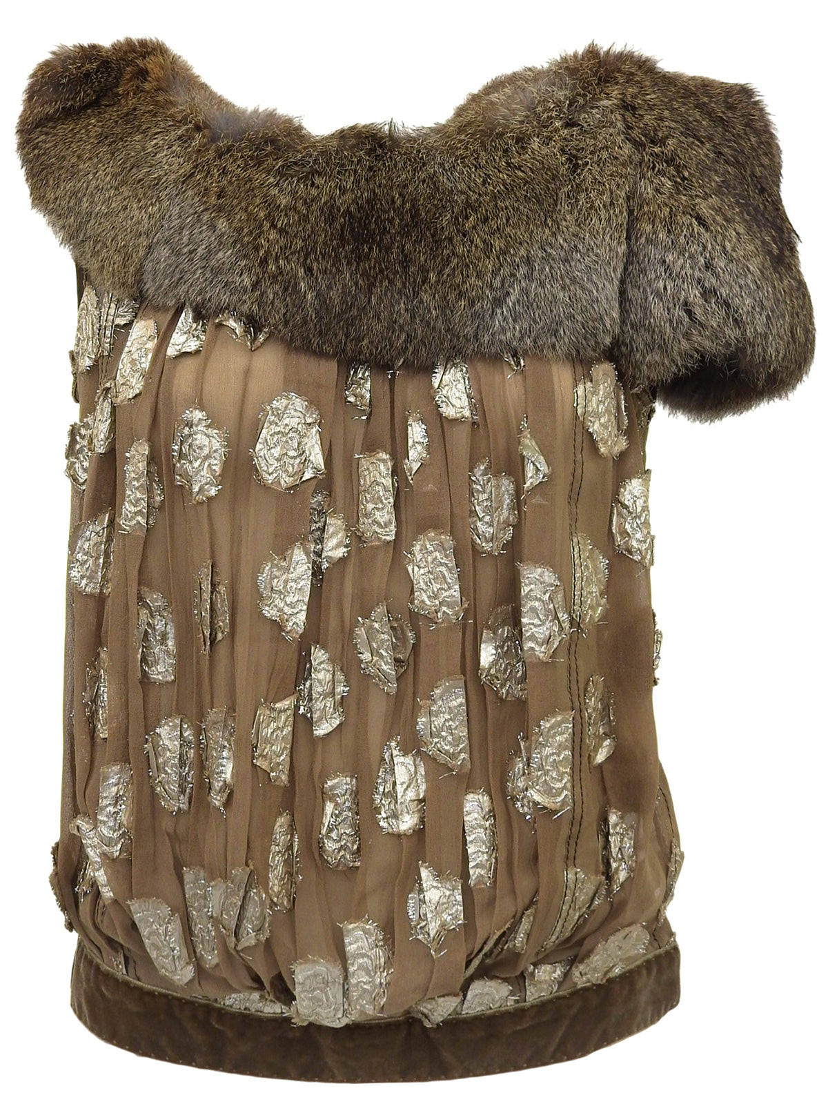 フラワーデザインファーカラーノースリーブトップス ブラウン