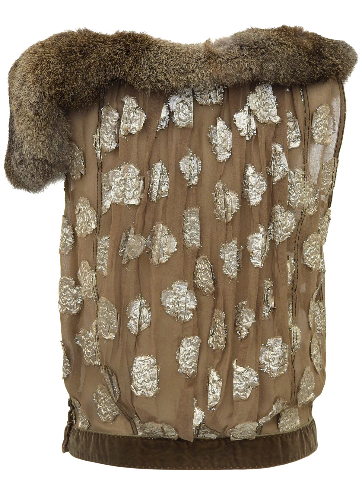 フラワーデザインファーカラーノースリーブトップス ブラウン