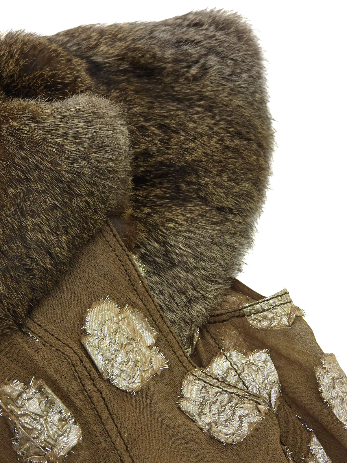 フラワーデザインファーカラーノースリーブトップス ブラウン