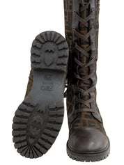 FF Zucca Pattern Lace-Up Long Boots in Brown