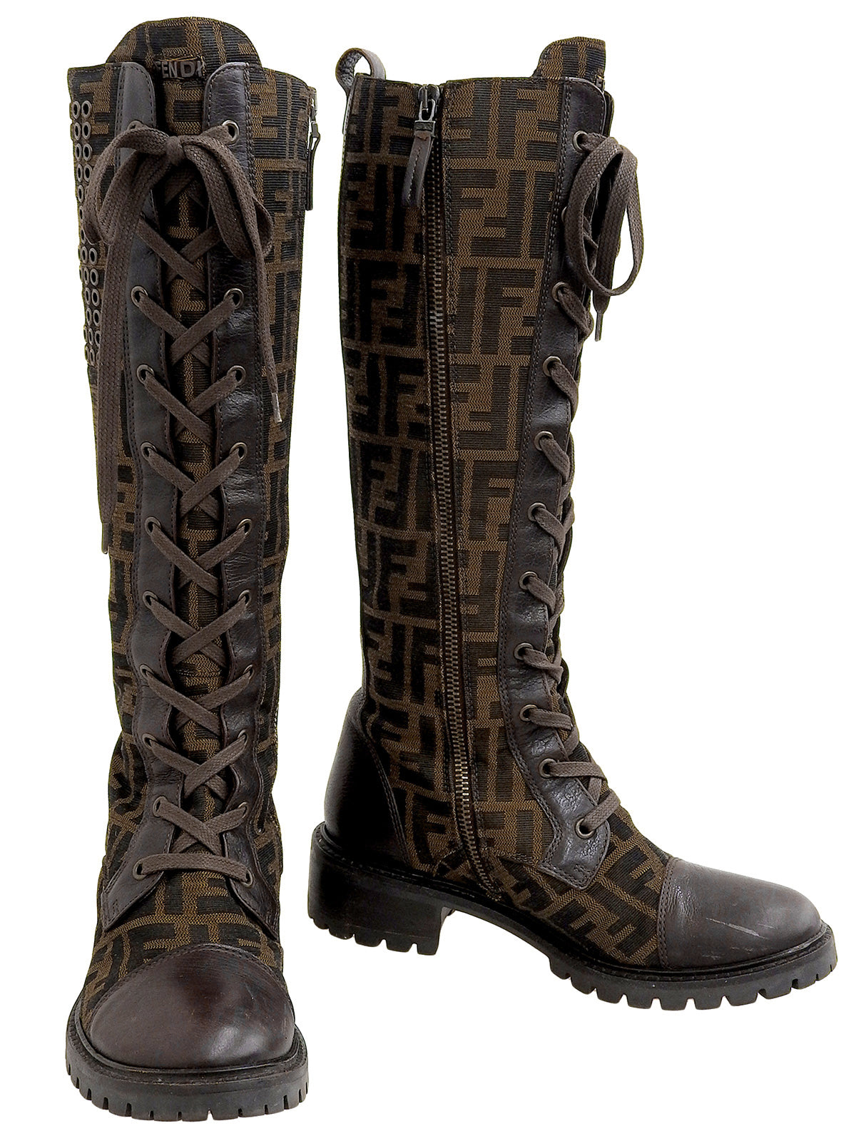 FF Zucca Pattern Lace-Up Long Boots in Brown