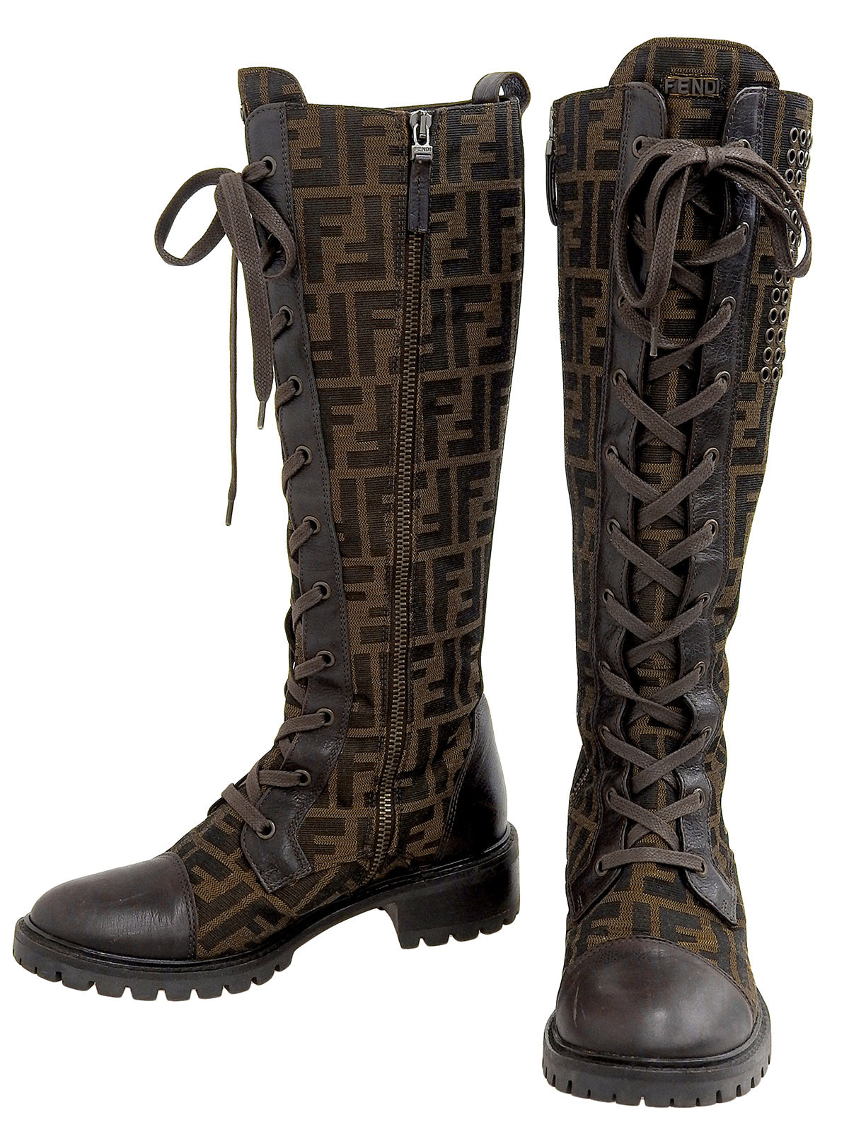 FFズッカパターンレースアップロングブーツ ブラウン
