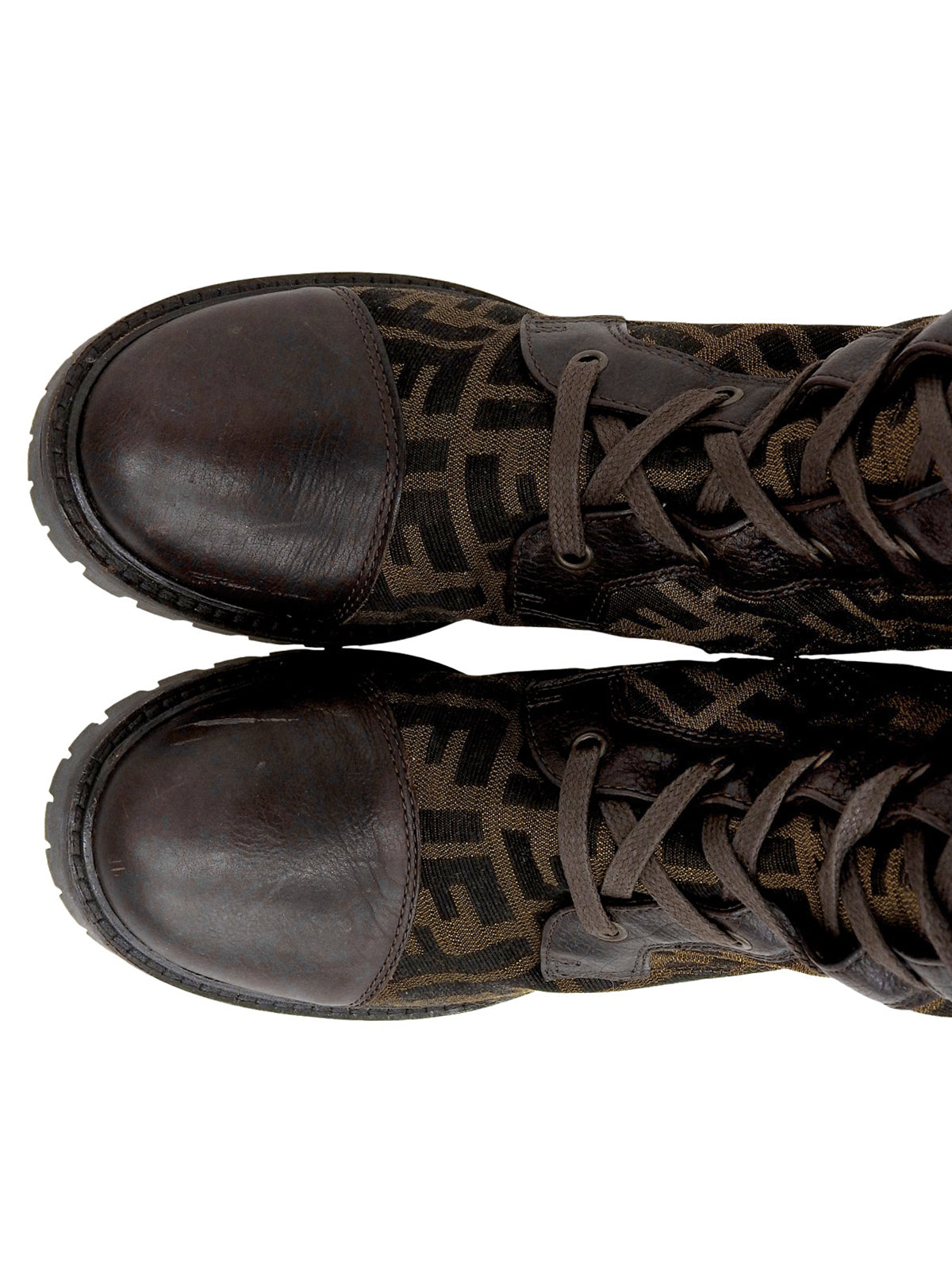 FF Zucca Pattern Lace-Up Long Boots in Brown