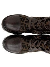 FF Zucca Pattern Lace-Up Long Boots in Brown