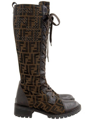 FFズッカパターンレースアップロングブーツ ブラウン