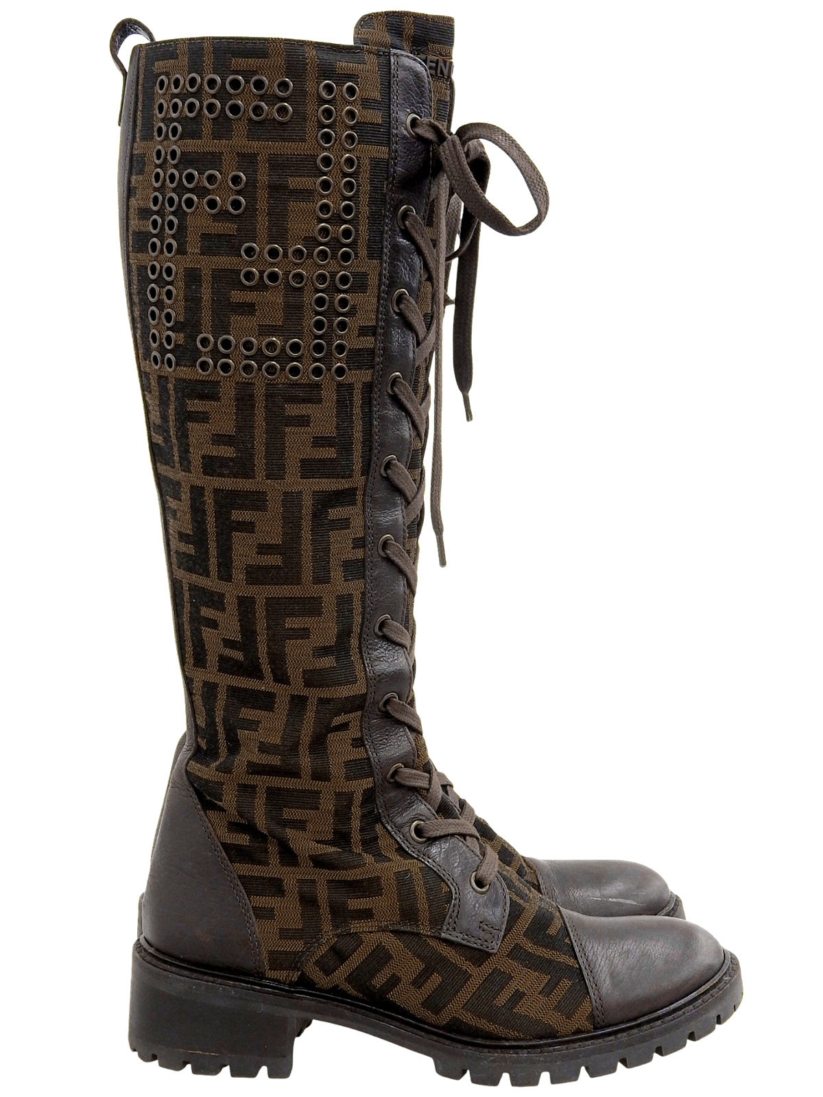 FFズッカパターンレースアップロングブーツ ブラウン