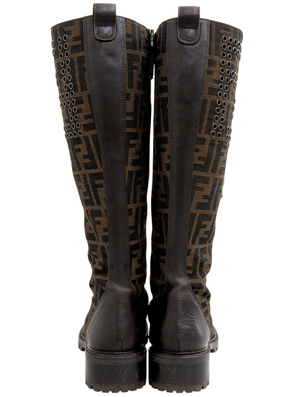 FF Zucca Pattern Lace-Up Long Boots in Brown