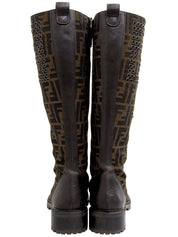 FF Zucca Pattern Lace-Up Long Boots in Brown