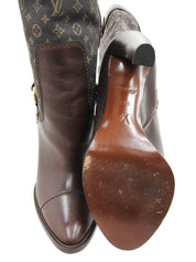 キャンバスレザーコンビモノグラムロングブーツ ブラウン