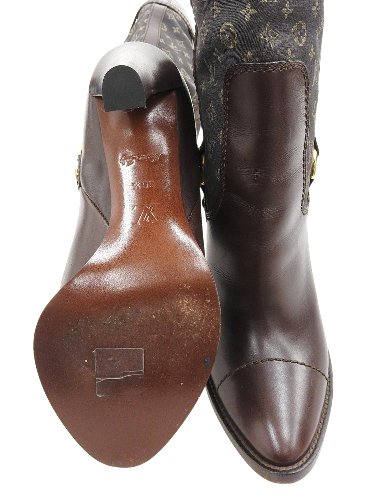 キャンバスレザーコンビモノグラムロングブーツ ブラウン