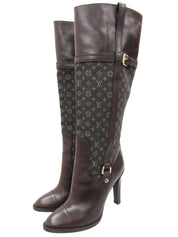 キャンバスレザーコンビモノグラムロングブーツ ブラウン