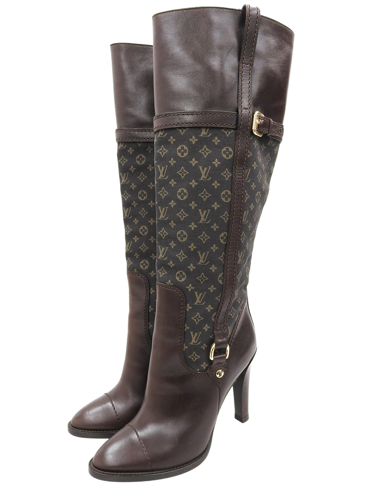 キャンバスレザーコンビモノグラムロングブーツ ブラウン