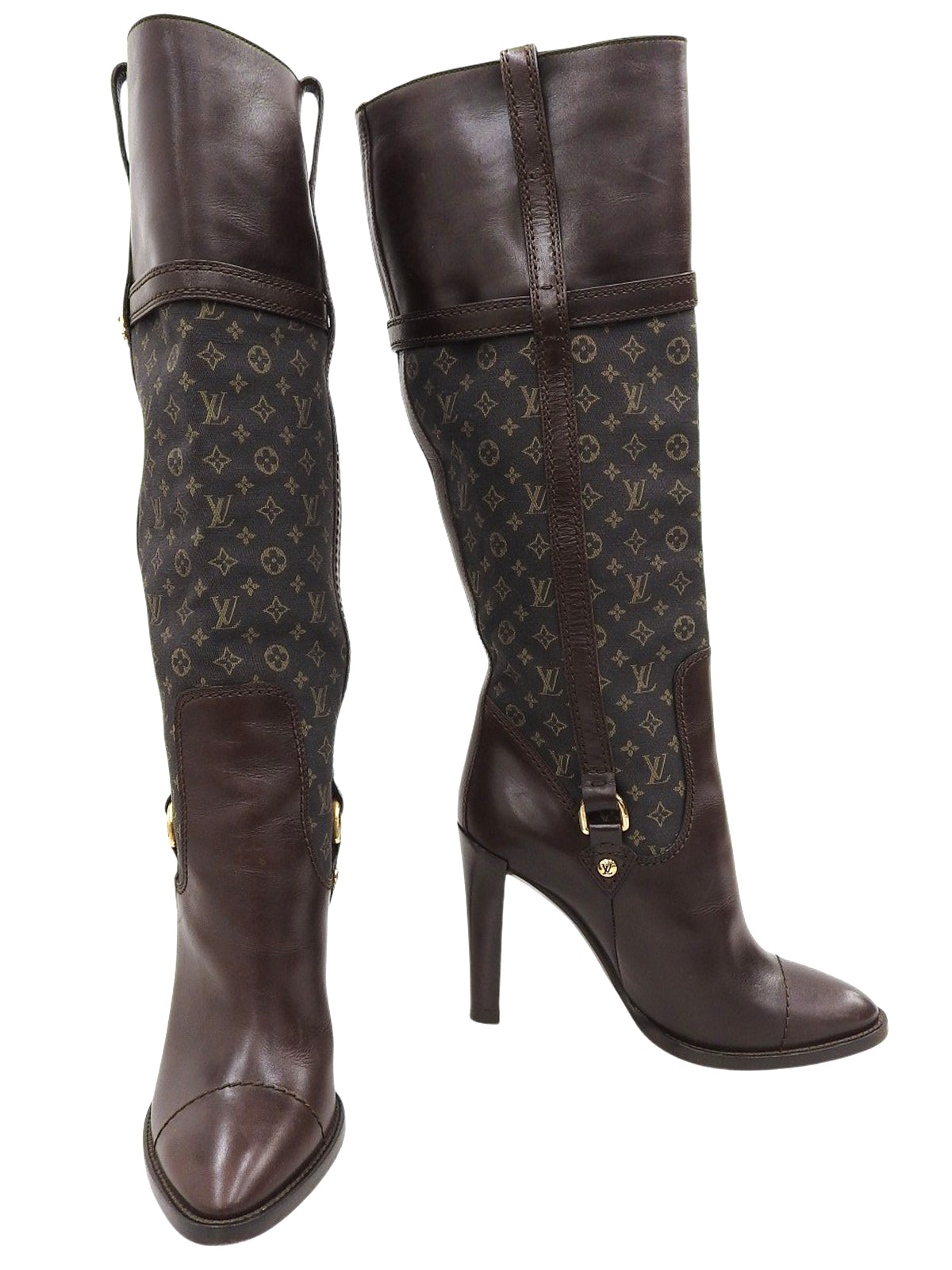 キャンバスレザーコンビモノグラムロングブーツ ブラウン
