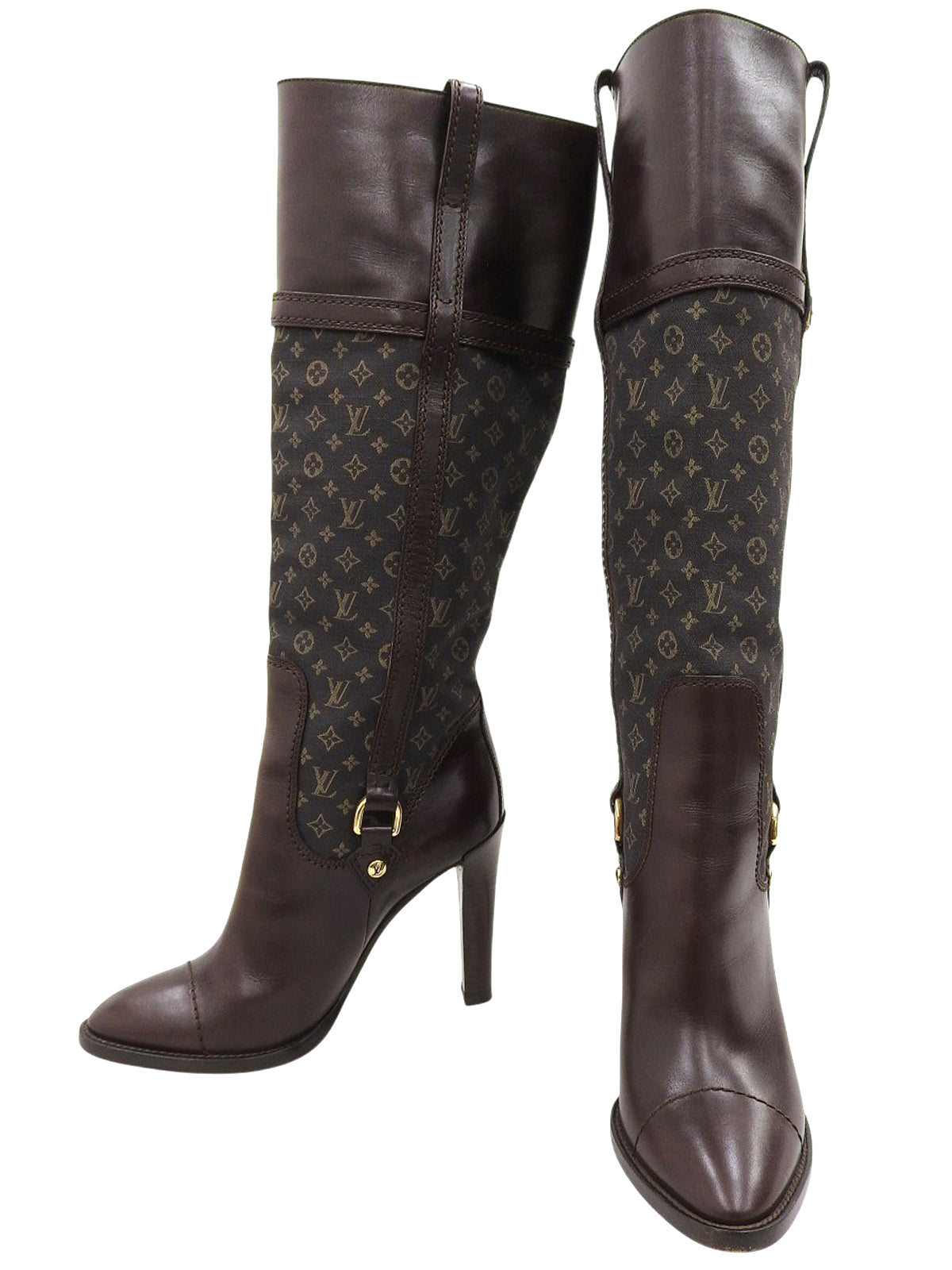 キャンバスレザーコンビモノグラムロングブーツ ブラウン