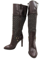 キャンバスレザーコンビモノグラムロングブーツ ブラウン