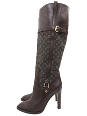 キャンバスレザーコンビモノグラムロングブーツ ブラウン