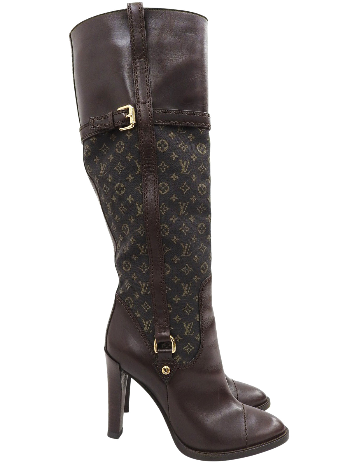 キャンバスレザーコンビモノグラムロングブーツ ブラウン