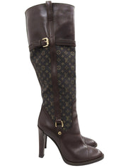 キャンバスレザーコンビモノグラムロングブーツ ブラウン