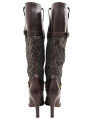 キャンバスレザーコンビモノグラムロングブーツ ブラウン
