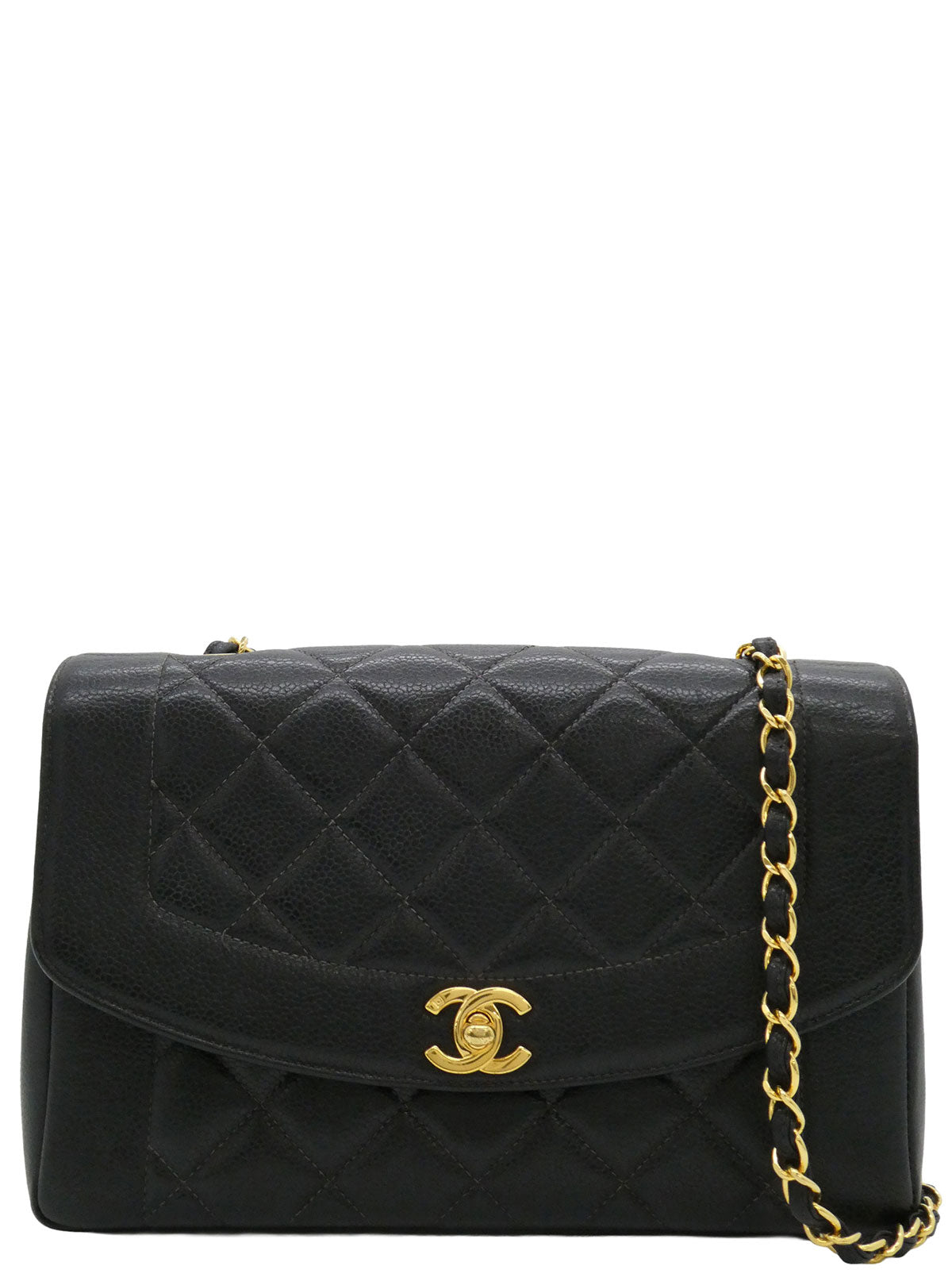 1997年頃製　キャビアスキンダイアナフラップチェーンバッグ25cm　ブラック