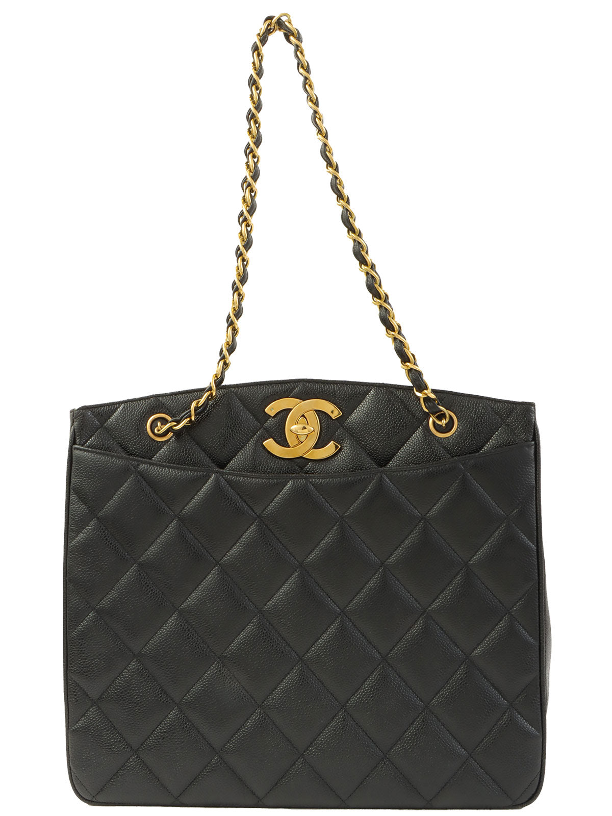 1995 Caviar Skin CC Turnlock Chain Shoulder Tote Bag in Black