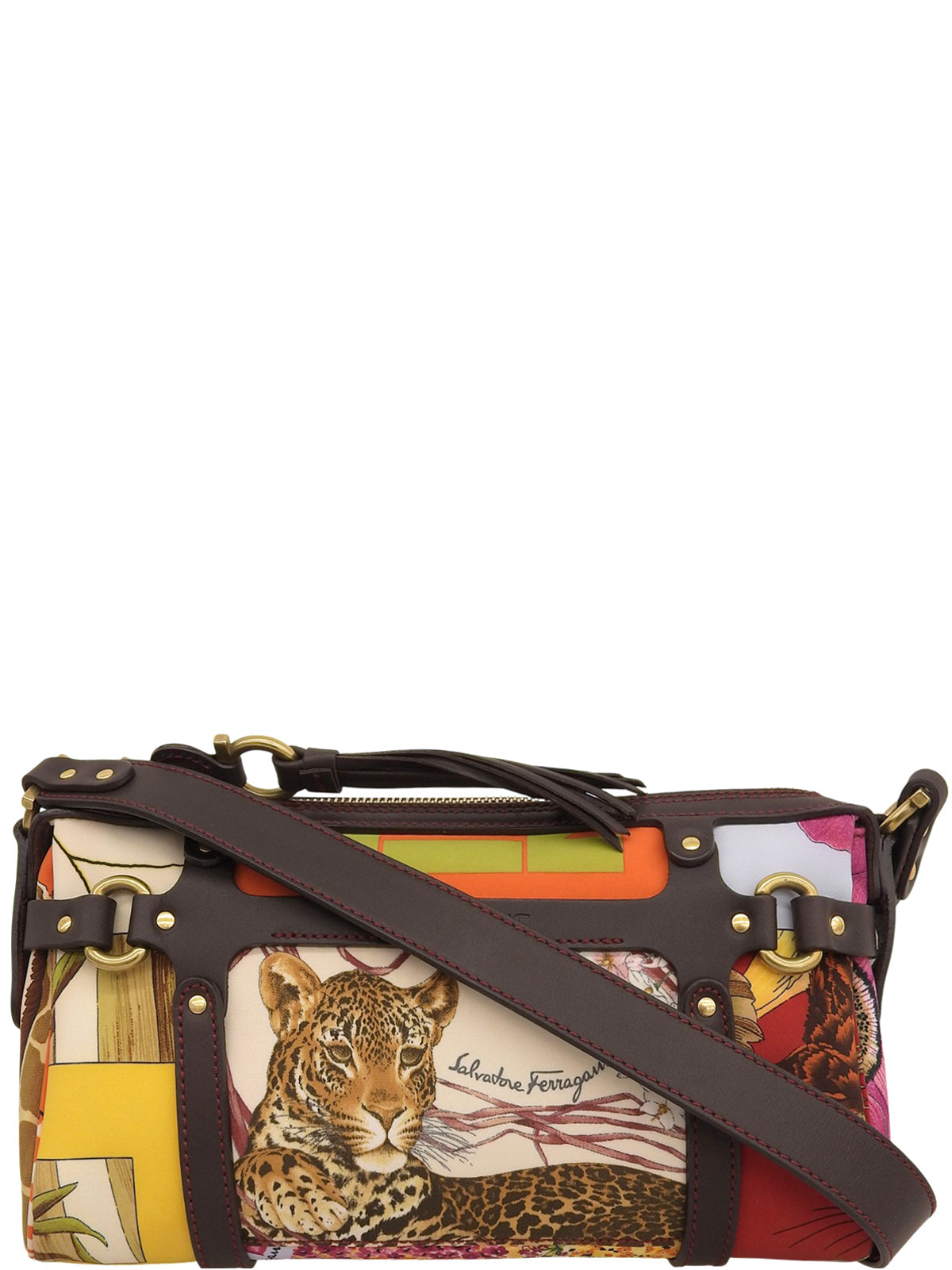 レオパードパターンガンチーニプレートショルダーバッグ マルチ/ブラウン