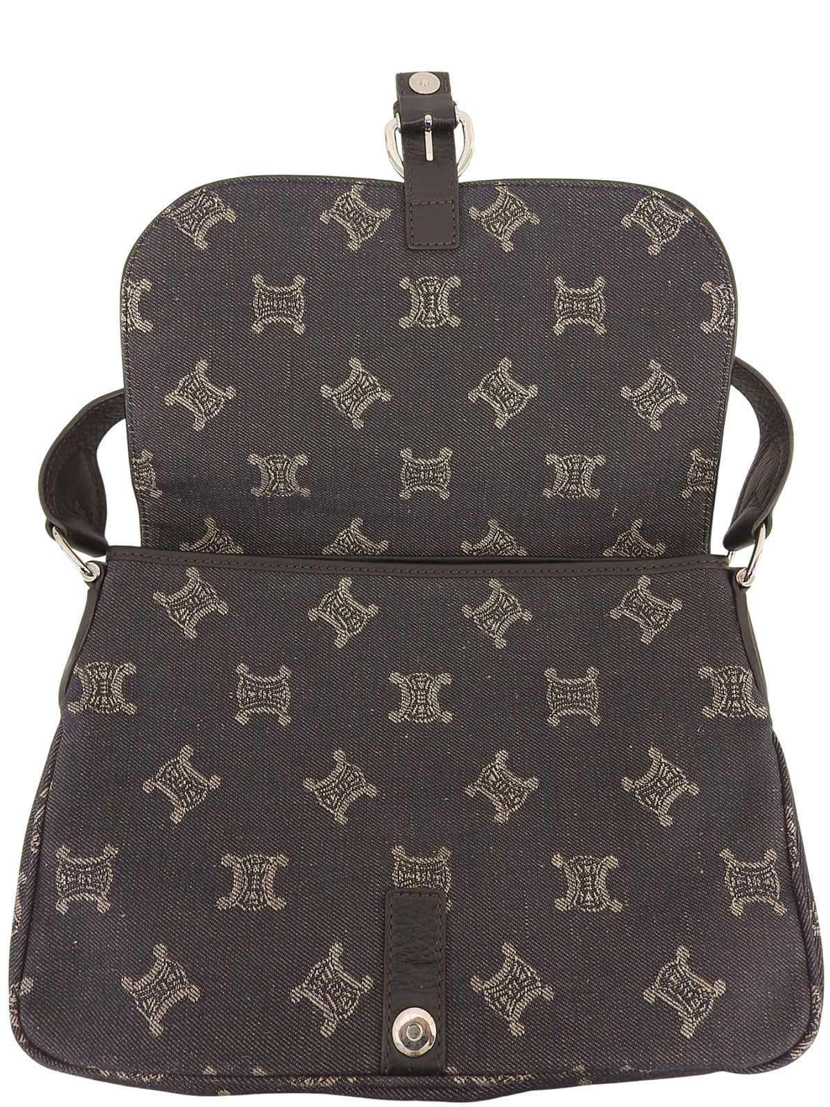 デニムレザーコンビマカダムパターンショルダーバッグ ブラック/ブラウン