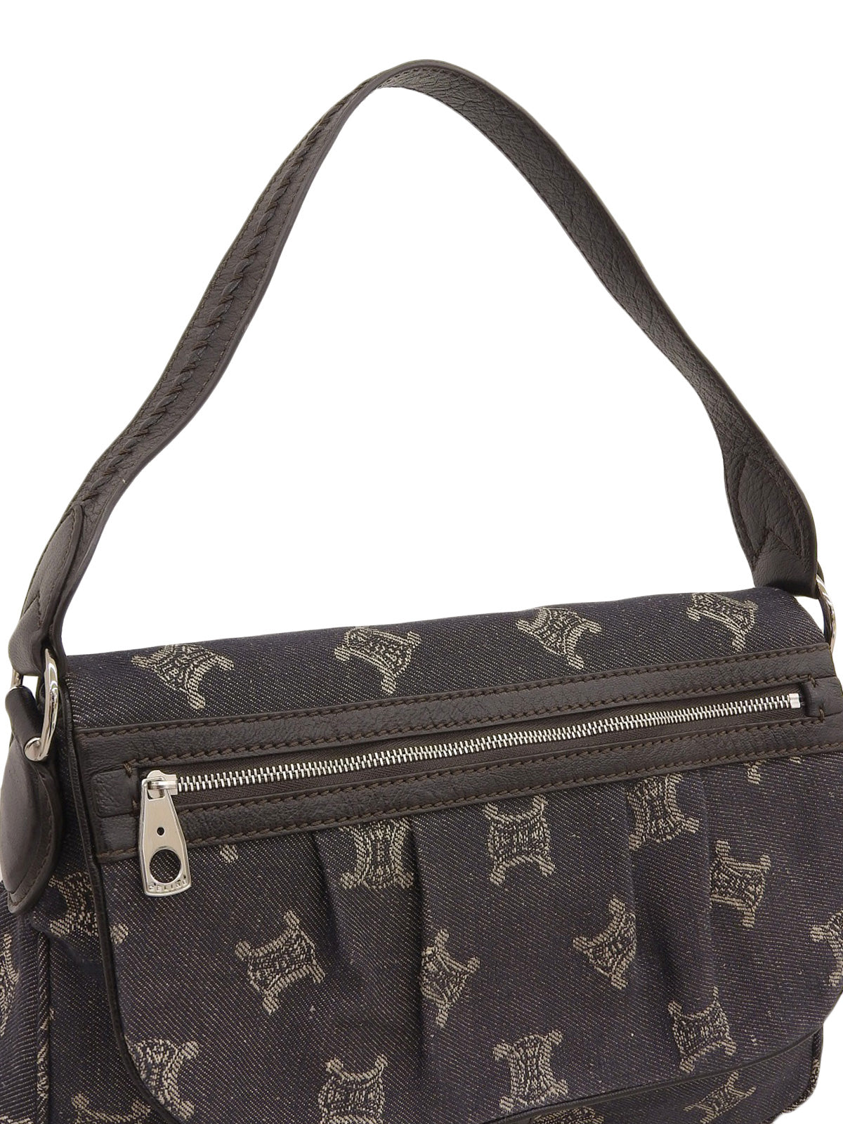 デニムレザーコンビマカダムパターンショルダーバッグ ブラック/ブラウン