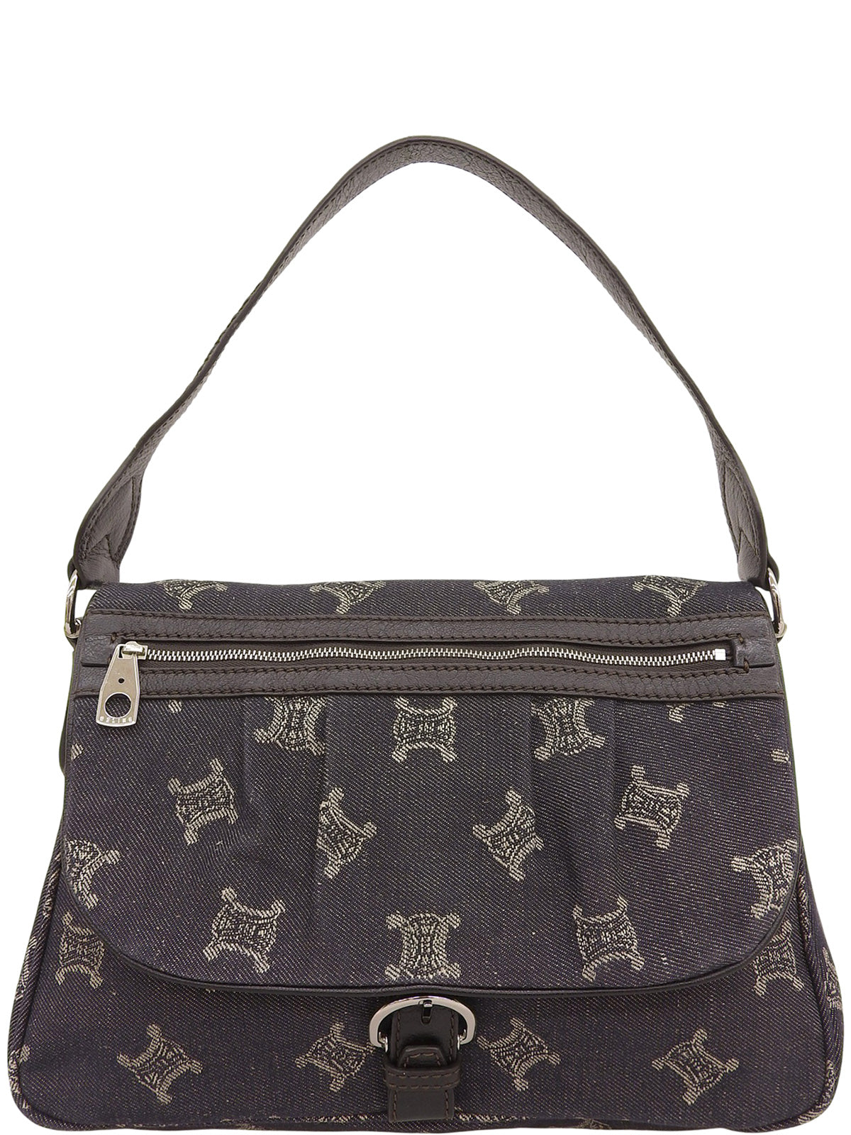 デニムレザーコンビマカダムパターンショルダーバッグ ブラック/ブラウン