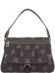 デニムレザーコンビマカダムパターンショルダーバッグ ブラック/ブラウン