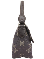 デニムレザーコンビマカダムパターンショルダーバッグ ブラック/ブラウン