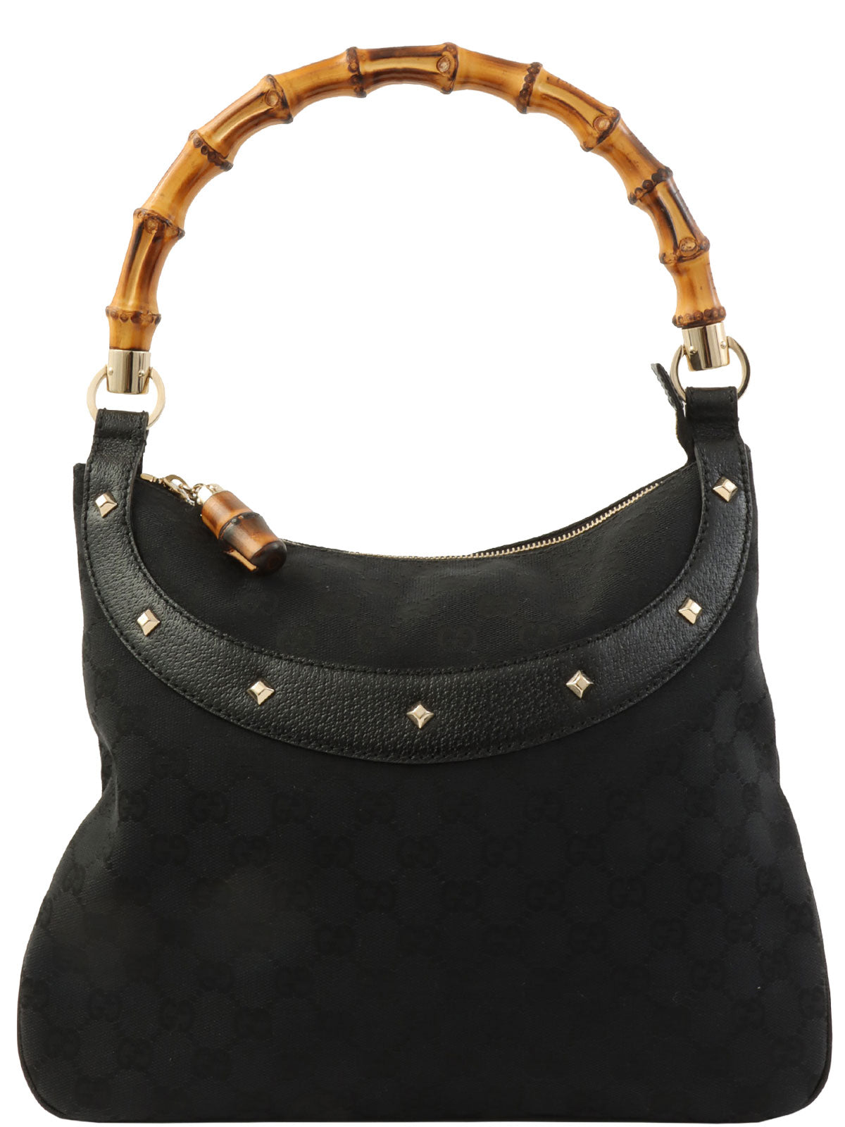 Canvas GG Pattern Studded Bamboo Shoulder Bag in Black