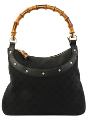 Canvas GG Pattern Studded Bamboo Shoulder Bag in Black