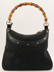 Canvas GG Pattern Studded Bamboo Shoulder Bag in Black