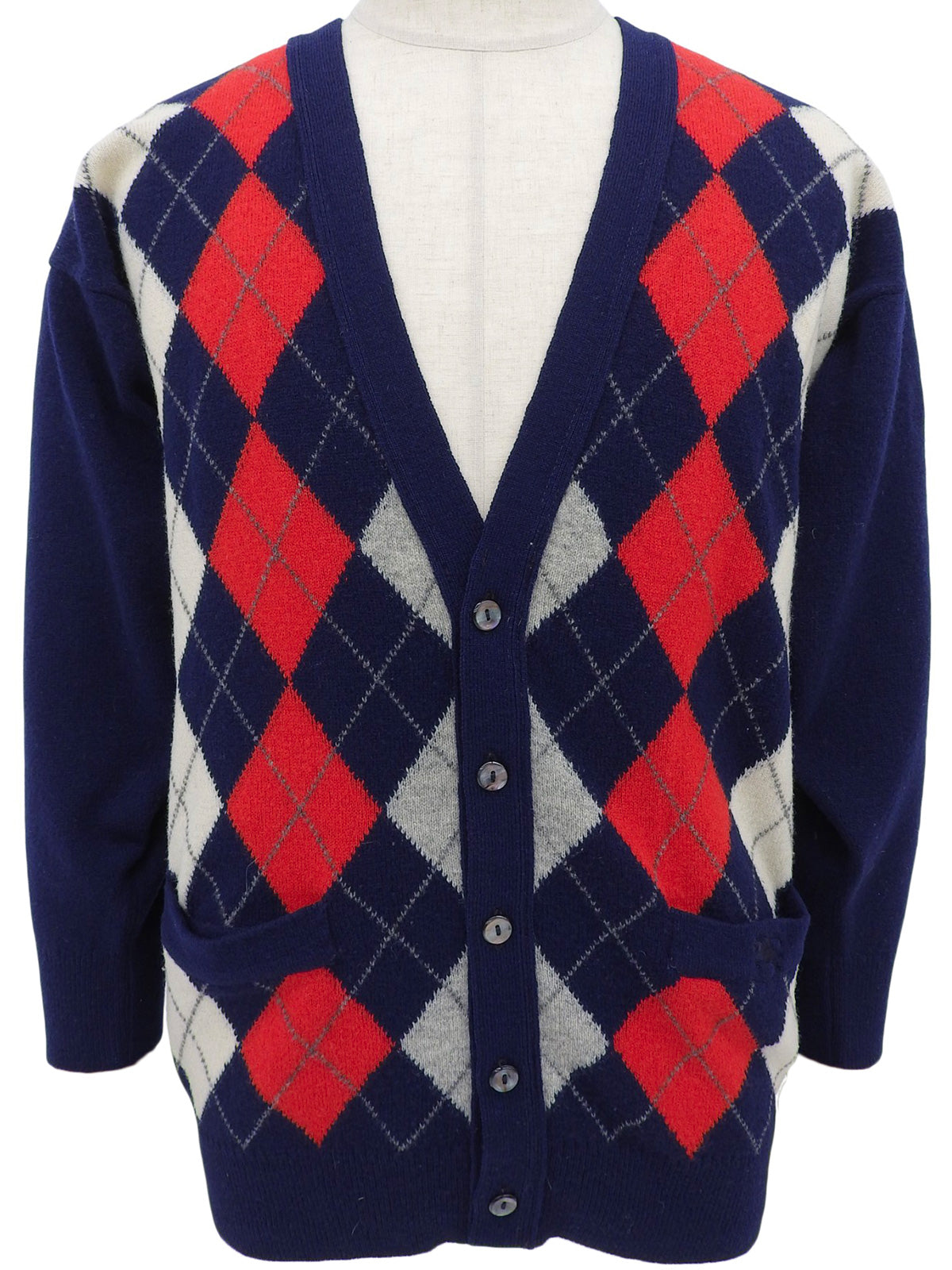 Argyle pattern cardigan in navy/red/white